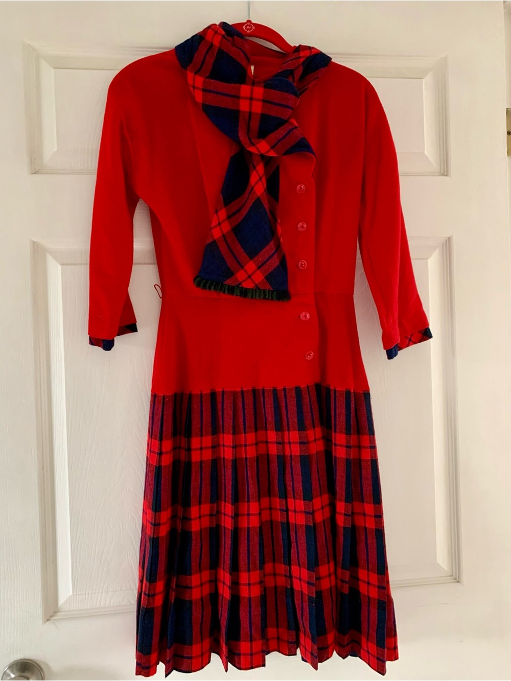 A Mar Tee Original Vintage Red Dress with Navy Plaid Skirt and Scarf Size XSmall